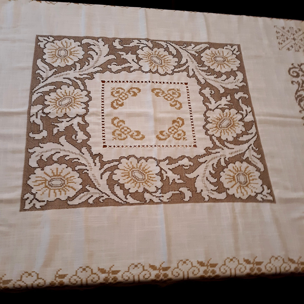 Elegant Italian White Linen Rectangle Long Tablecloth Cross Stitched Baroque Design Hand Cut Work Gold Color Thread 51” W x 110” L - NOS