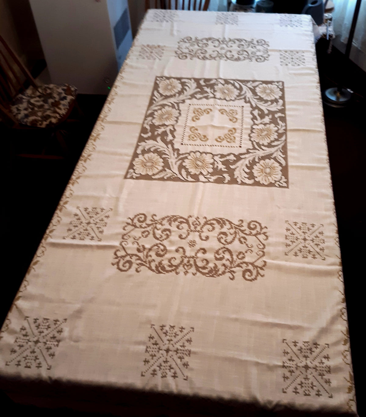 Elegant Italian White Linen Rectangle Long Tablecloth Cross Stitched Baroque Design Hand Cut Work Gold Color Thread 51” W x 110” L - NOS