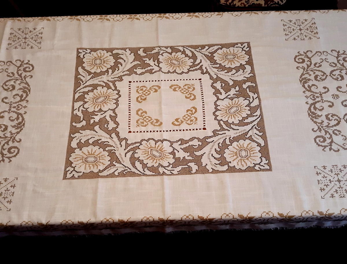 Elegant Italian White Linen Rectangle Long Tablecloth Cross Stitched Baroque Design Hand Cut Work Gold Color Thread 51” W x 110” L - NOS
