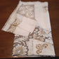 Elegant Italian White Linen Rectangle Long Tablecloth Cross Stitched Baroque Design Hand Cut Work Gold Color Thread 51” W x 110” L - NOS