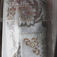 Elegant Italian White Linen Rectangle Long Tablecloth Cross Stitched Baroque Design Hand Cut Work Gold Color Thread 51” W x 110” L - NOS