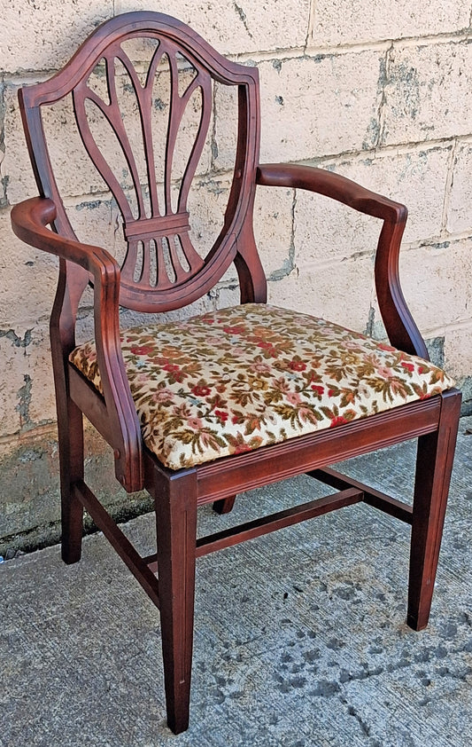 Antique Vintage Old Solid Cherry Wooden Victorian Shield Back Side Dining Lounge Accent Chair Upholstered Upholstery Floral Fabric Seat