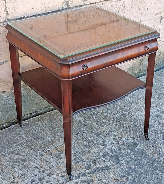 Antique Vintage Old Salvaged Reclaimed Chippendale Colonial Style Solid Mahogany Leather Glass Top Side Accent Bedside Table Nightstand