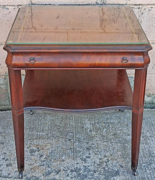 Antique Vintage Old Salvaged Reclaimed Chippendale Colonial Style Solid Mahogany Leather Glass Top Side Accent Bedside Table Nightstand