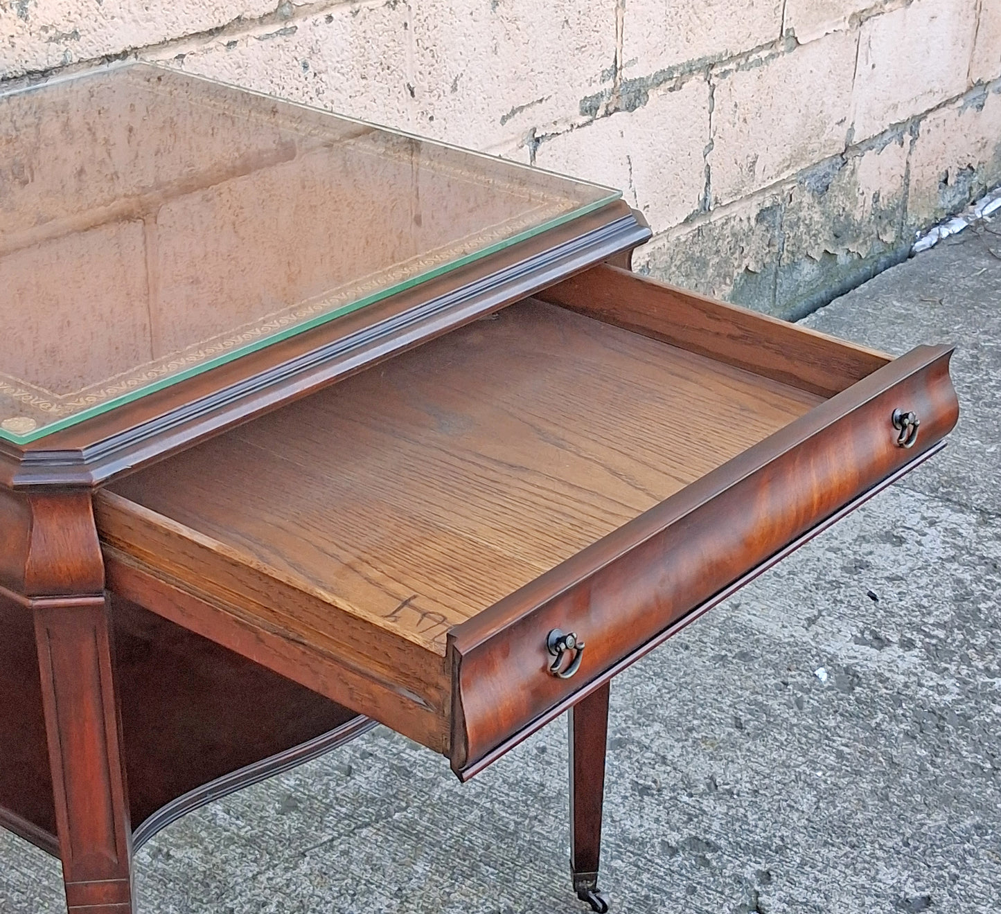 Antique Vintage Old Salvaged Reclaimed Chippendale Colonial Style Solid Mahogany Leather Glass Top Side Accent Bedside Table Nightstand