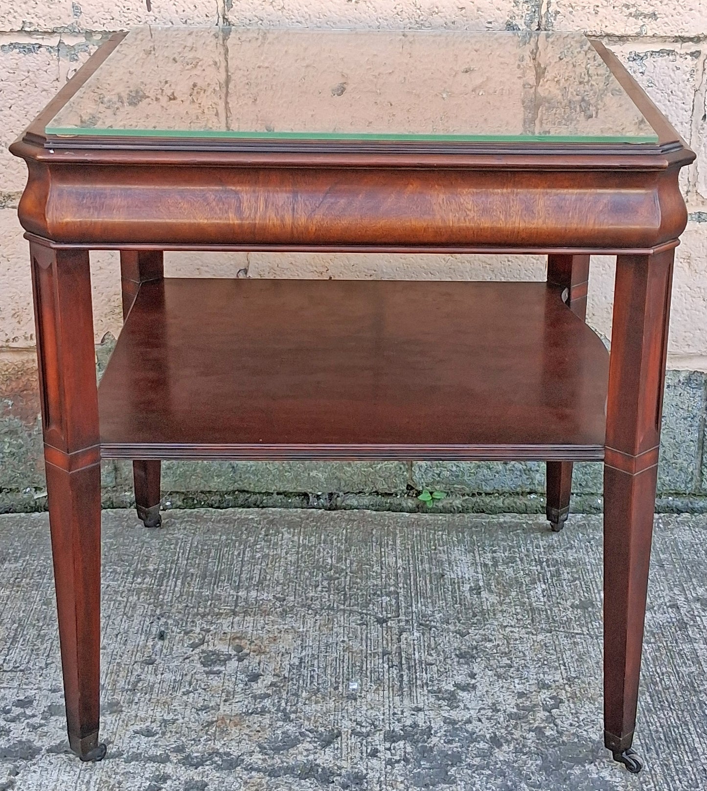Antique Vintage Old Salvaged Reclaimed Chippendale Colonial Style Solid Mahogany Leather Glass Top Side Accent Bedside Table Nightstand