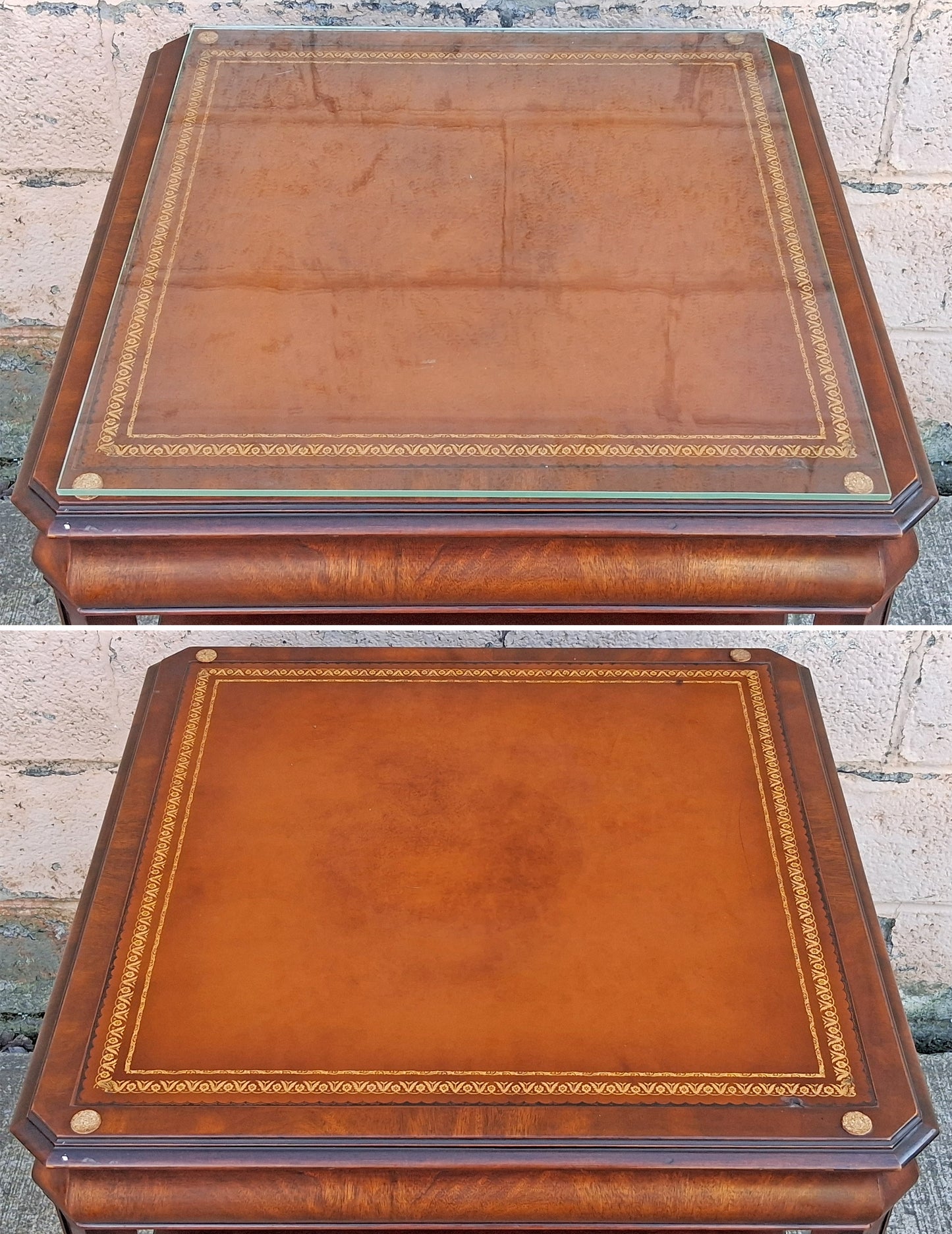 Antique Vintage Old Salvaged Reclaimed Chippendale Colonial Style Solid Mahogany Leather Glass Top Side Accent Bedside Table Nightstand