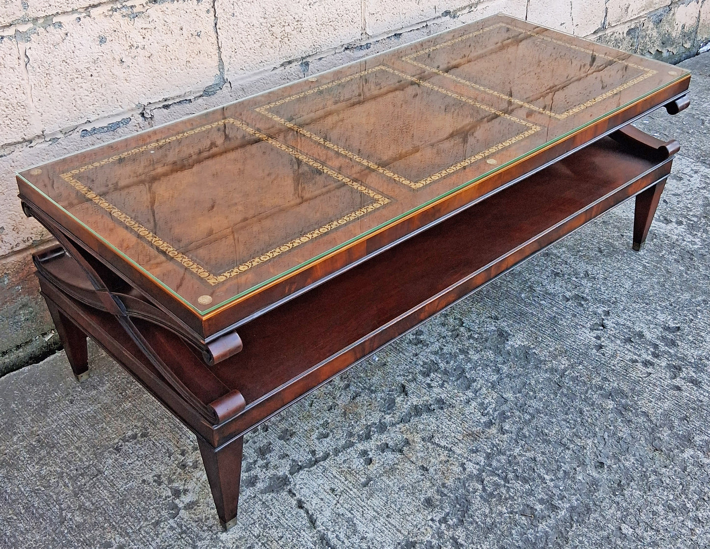 Antique Vintage Old Reclaimed Salvaged Chippendale Colonial Style SOLID Mahogany Wood Wooden Coffee Sofa Accent Table Glass Leather Top