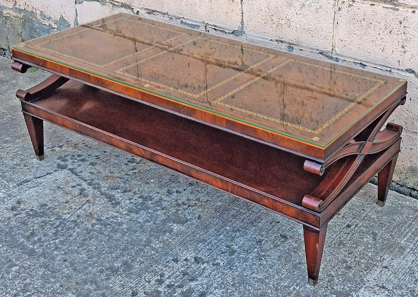 Antique Vintage Old Reclaimed Salvaged Chippendale Colonial Style SOLID Mahogany Wood Wooden Coffee Sofa Accent Table Glass Leather Top