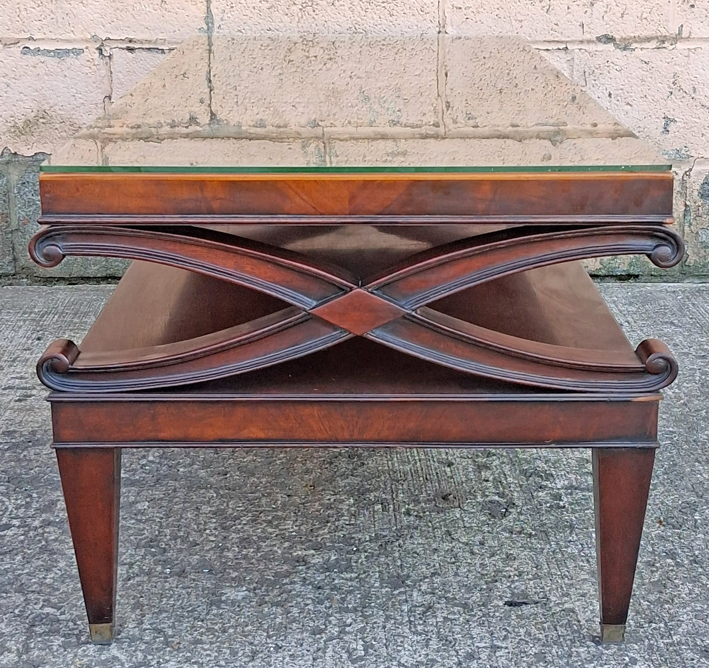 Antique Vintage Old Reclaimed Salvaged Chippendale Colonial Style SOLID Mahogany Wood Wooden Coffee Sofa Accent Table Glass Leather Top