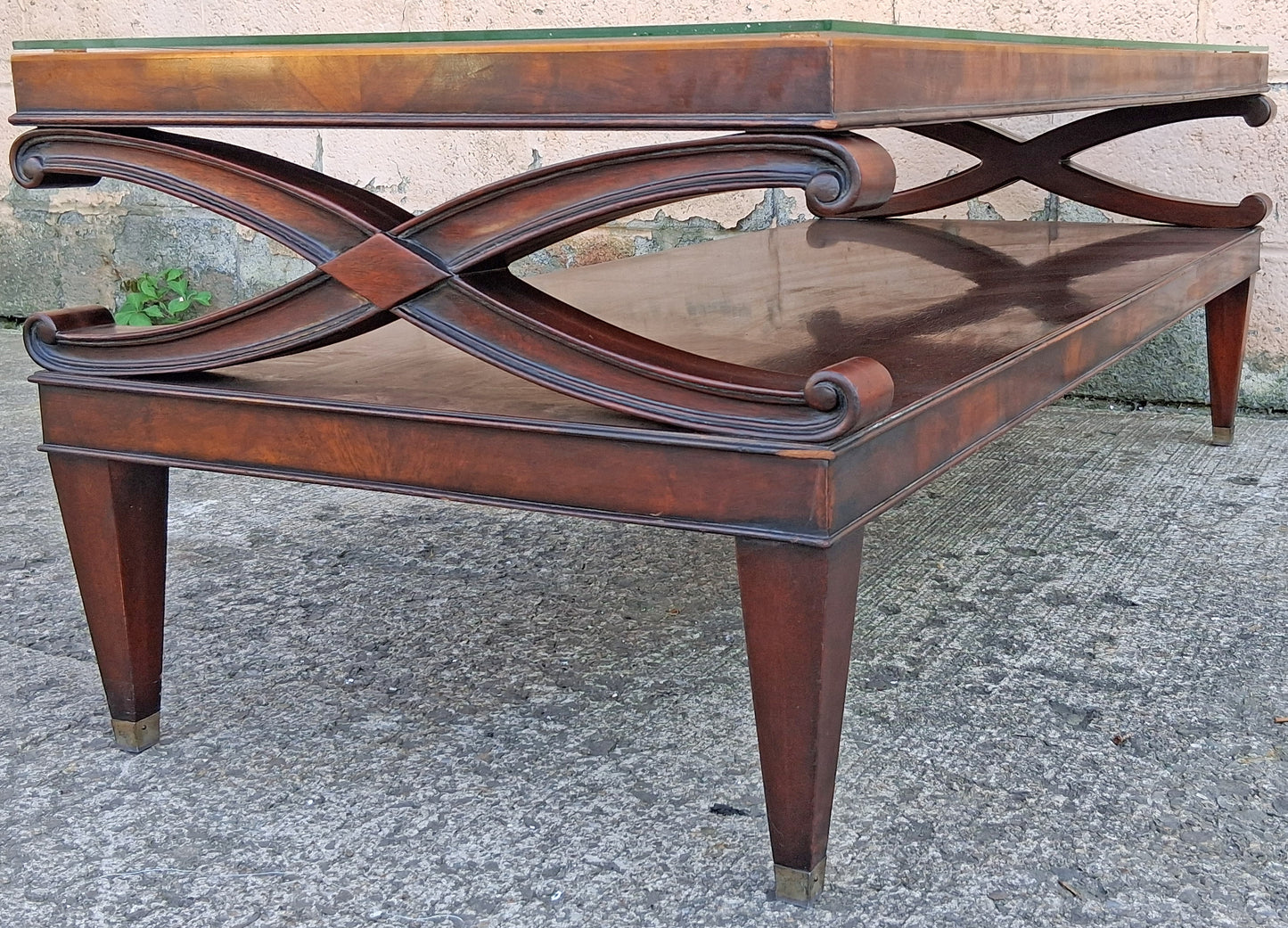 Antique Vintage Old Reclaimed Salvaged Chippendale Colonial Style SOLID Mahogany Wood Wooden Coffee Sofa Accent Table Glass Leather Top