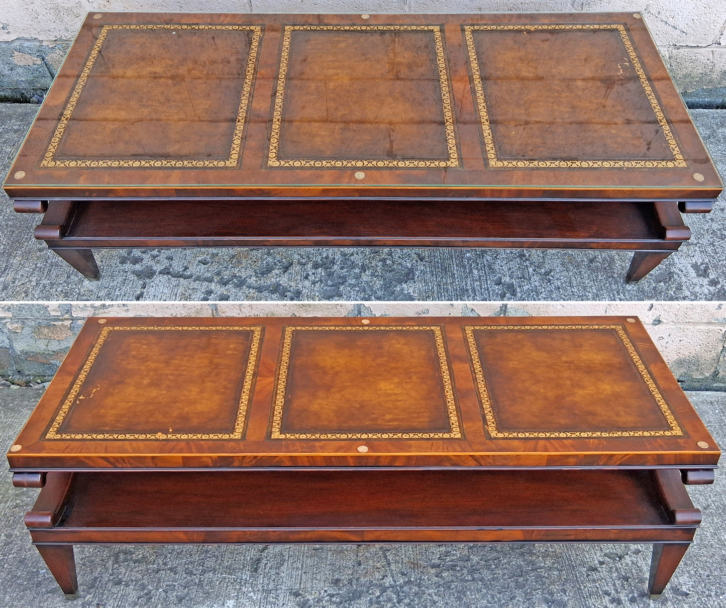 Antique Vintage Old Reclaimed Salvaged Chippendale Colonial Style SOLID Mahogany Wood Wooden Coffee Sofa Accent Table Glass Leather Top