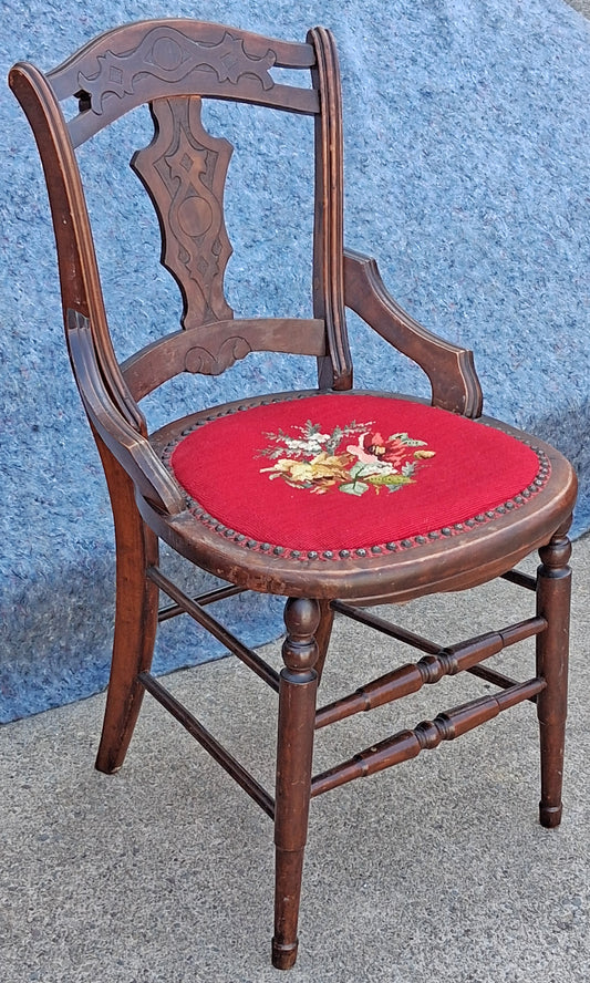 Antique Vintage Old Victorian Style SOLID Wood Wooden Side Dining Accent Desk Chair Floral Needlepoint Red Fabric Seat