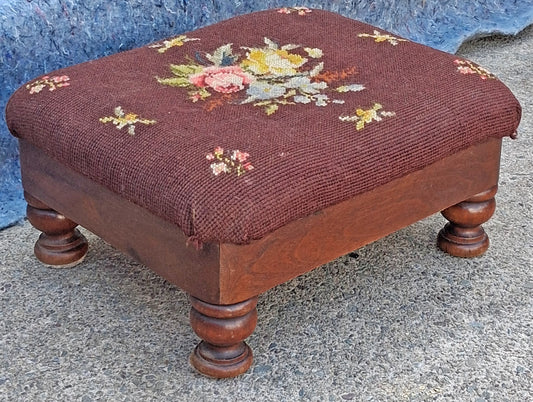 Antique Vintage Old Victorian SOLID Wood Wooden Kneeling Bench Foot Stool Ottoman Stand Brown Floral Fabric Needlepoint Design