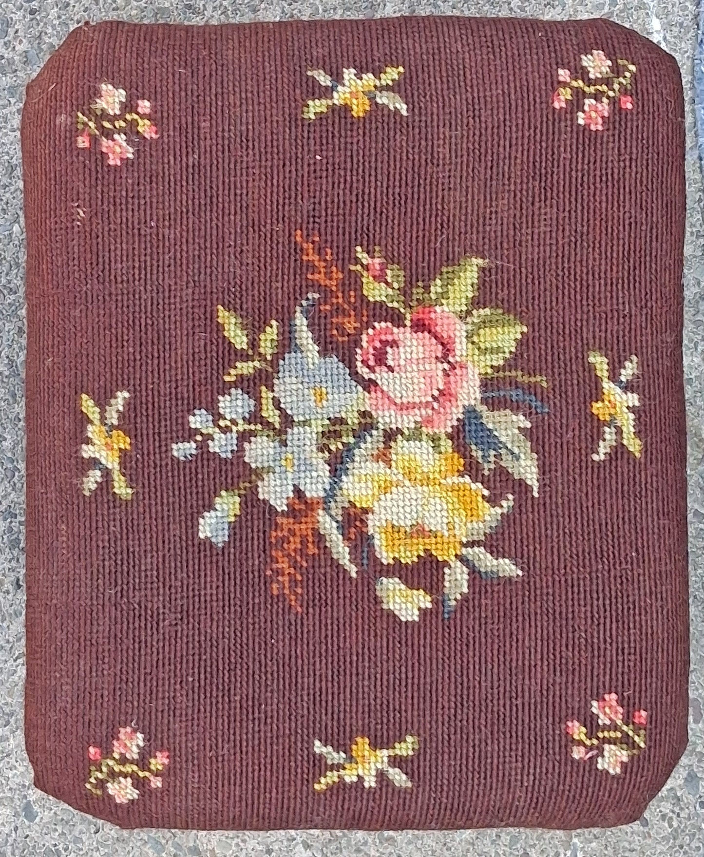 Antique Vintage Old Victorian SOLID Wood Wooden Kneeling Bench Foot Stool Ottoman Stand Brown Floral Fabric Needlepoint Design