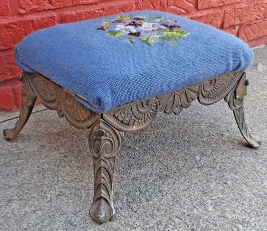 Antique Vintage Old Reclaimed Salvaged Metal Steel Iron Kneeling Bench Foot Stool Ottoman Stand Seat Blue Morning Glory Floral Fabric