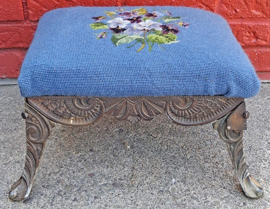 Antique Vintage Old Reclaimed Salvaged Metal Steel Iron Kneeling Bench Foot Stool Ottoman Stand Seat Blue Morning Glory Floral Fabric