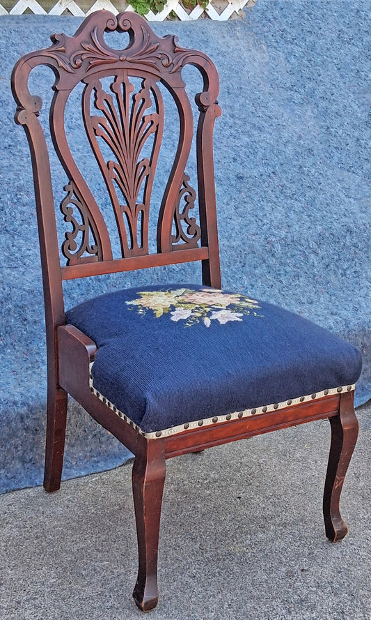Antique Vintage Old Victorian Style SOLID Cherry Wood Wooden Side Dining Accent Desk Chair Floral Needlepoint Blue Fabric Seat