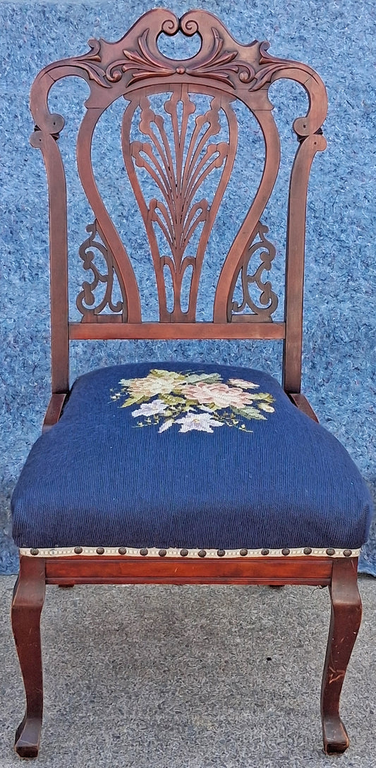 Antique Vintage Old Victorian Style SOLID Cherry Wood Wooden Side Dining Accent Desk Chair Floral Needlepoint Blue Fabric Seat