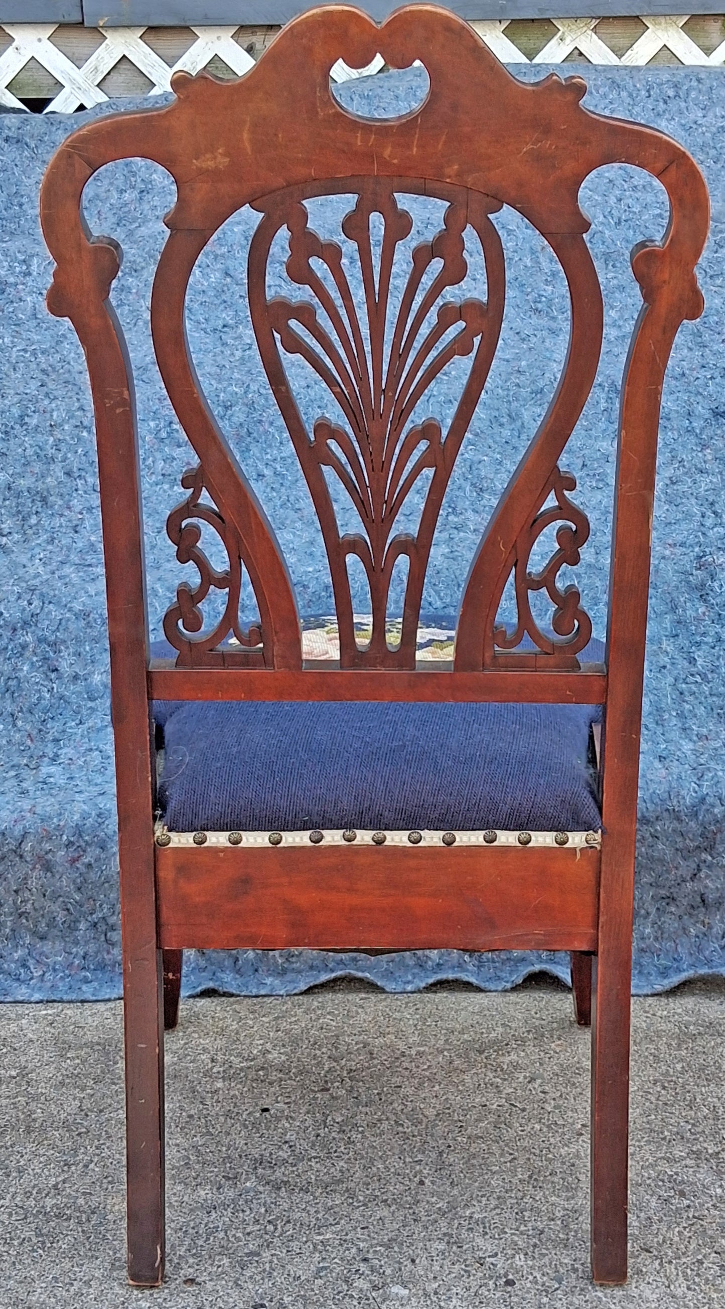 Antique Vintage Old Victorian Style SOLID Cherry Wood Wooden Side Dining Accent Desk Chair Floral Needlepoint Blue Fabric Seat