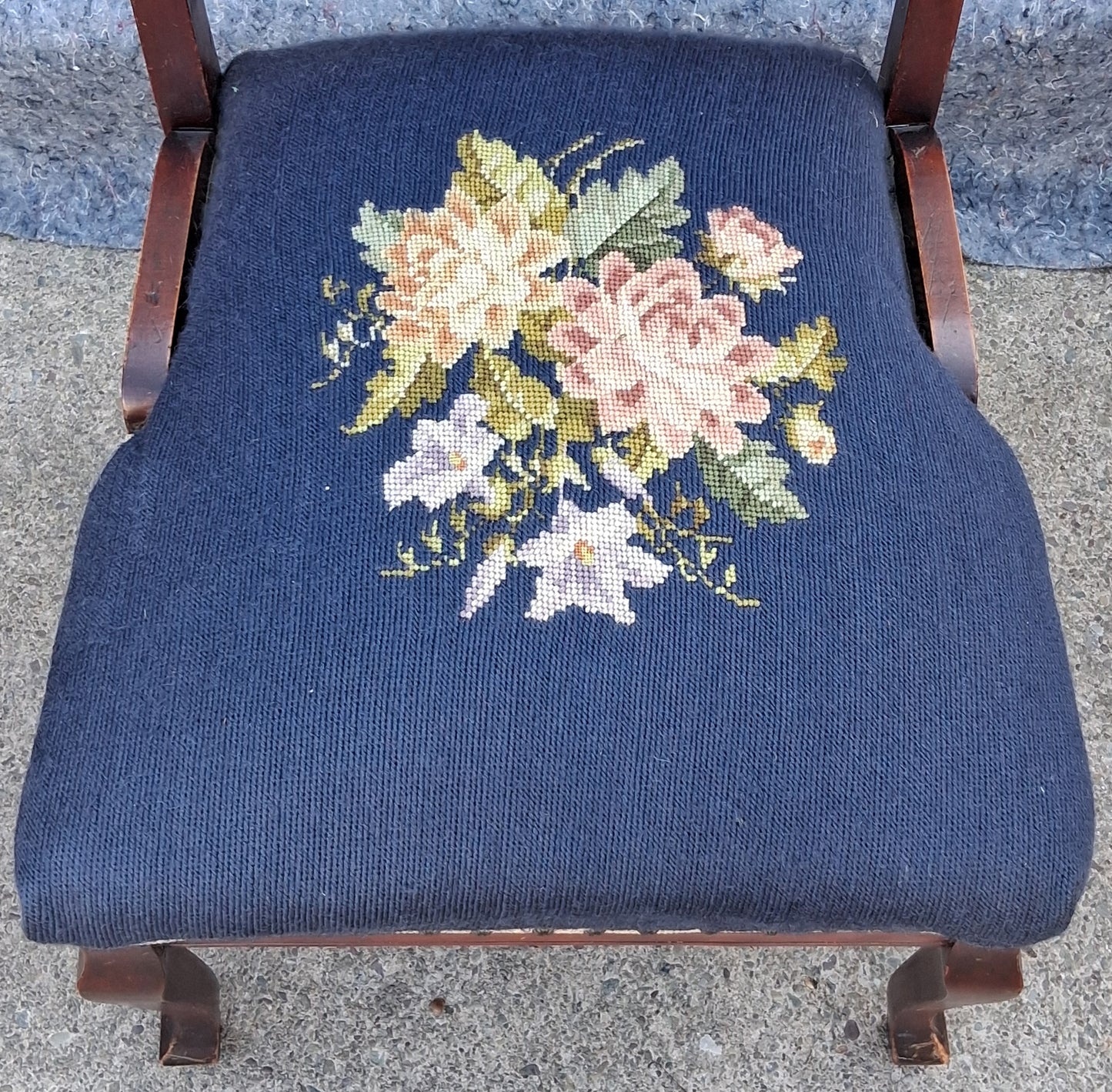 Antique Vintage Old Victorian Style SOLID Cherry Wood Wooden Side Dining Accent Desk Chair Floral Needlepoint Blue Fabric Seat