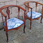 Pair Antique Vintage Old Reclaimed Salvaged Solid Mahogany Wood Wooden Barrel Club Foyer Dining Side Accent Armrest Armchairs Fabric Seats