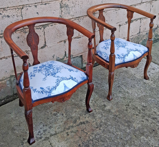 Pair Antique Vintage Old Reclaimed Salvaged Solid Mahogany Wood Wooden Barrel Club Foyer Dining Side Accent Armrest Armchairs Fabric Seats