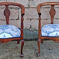 Pair Antique Vintage Old Reclaimed Salvaged Solid Mahogany Wood Wooden Barrel Club Foyer Dining Side Accent Armrest Armchairs Fabric Seats