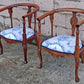 Pair Antique Vintage Old Reclaimed Salvaged Solid Mahogany Wood Wooden Barrel Club Foyer Dining Side Accent Armrest Armchairs Fabric Seats