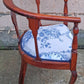 Pair Antique Vintage Old Reclaimed Salvaged Solid Mahogany Wood Wooden Barrel Club Foyer Dining Side Accent Armrest Armchairs Fabric Seats