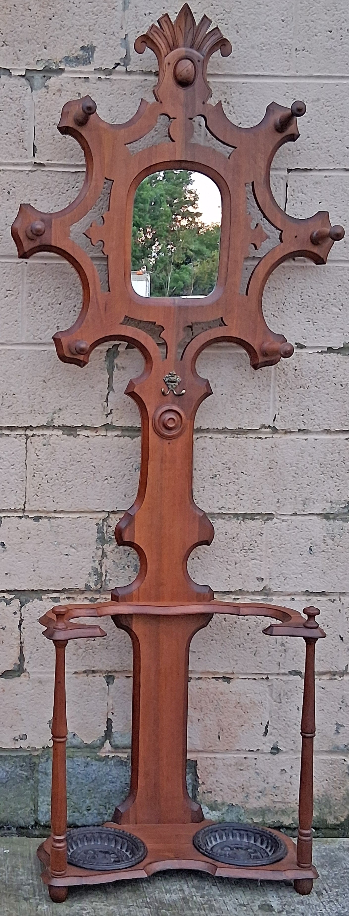 Antique Vintage Old Reclaimed Salvaged Victorian Eastlake SOLID Walnut Wood Wooden Hall Tree Coat Hanger Umbrella Stand Rack Hook Mirror