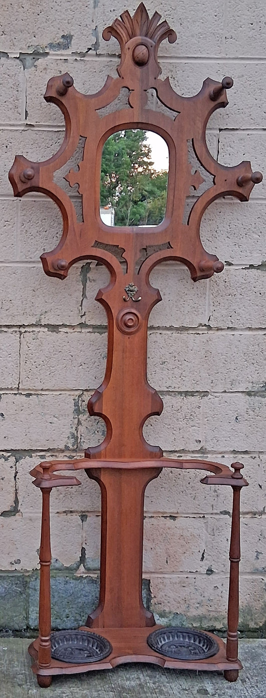 Antique Vintage Old Reclaimed Salvaged Victorian Eastlake SOLID Walnut Wood Wooden Hall Tree Coat Hanger Umbrella Stand Rack Hook Mirror