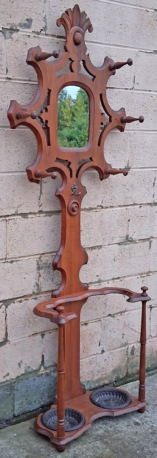Antique Vintage Old Reclaimed Salvaged Victorian Eastlake SOLID Walnut Wood Wooden Hall Tree Coat Hanger Umbrella Stand Rack Hook Mirror