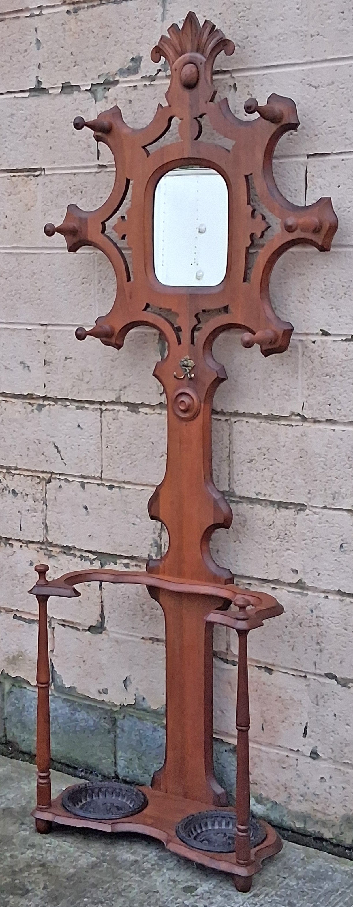 Antique Vintage Old Reclaimed Salvaged Victorian Eastlake SOLID Walnut Wood Wooden Hall Tree Coat Hanger Umbrella Stand Rack Hook Mirror