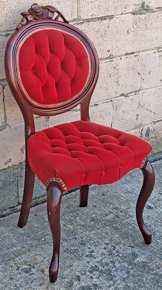 Antique Vintage Old Victorian Solid Wood Wooden Wooden Side Dining Lounge Accent Chair Upholstered Upholstery Tufted Red Fabric Seat