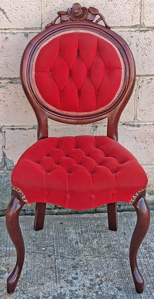 Antique Vintage Old Victorian Solid Wood Wooden Wooden Side Dining Lounge Accent Chair Upholstered Upholstery Tufted Red Fabric Seat