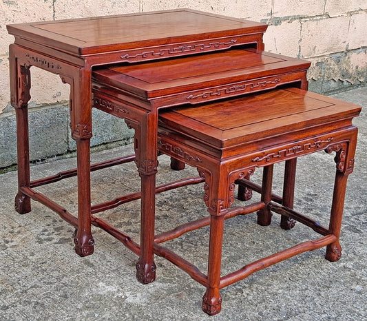 Set of Vintage Antique Chinese Oriental Solid Rosewood Wood Wooden Carved Serpentine Square Nesting Nested Stacked Stand Side Accent Tables