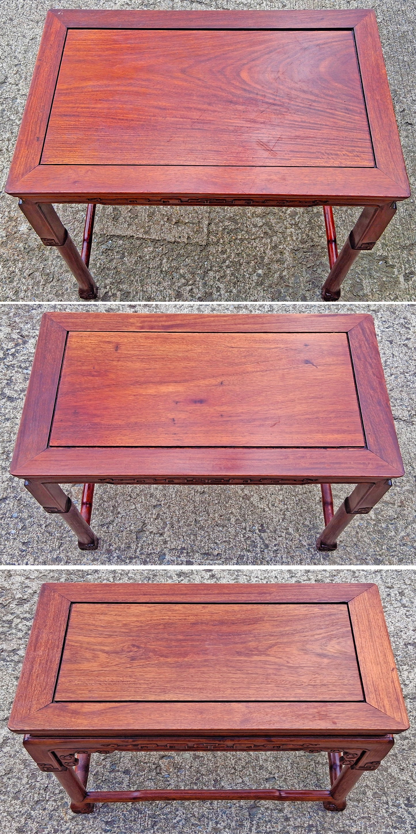 Set of Vintage Antique Chinese Oriental Solid Rosewood Wood Wooden Carved Serpentine Square Nesting Nested Stacked Stand Side Accent Tables