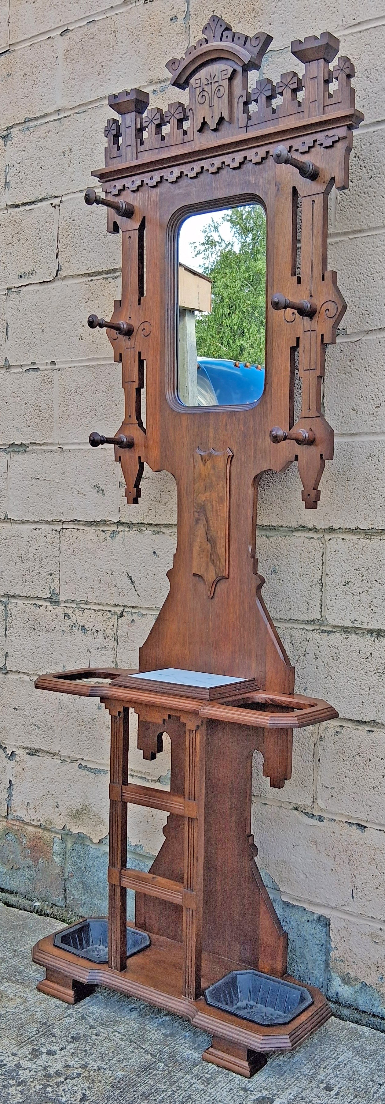 Antique Vintage Old Reclaimed Salvaged Victorian Eastlake SOLID Walnut Wooden Marble Hall Tree Coat Hanger Umbrella Stand Rack Hook Mirror