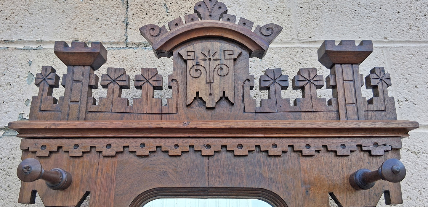 Antique Vintage Old Reclaimed Salvaged Victorian Eastlake SOLID Walnut Wooden Marble Hall Tree Coat Hanger Umbrella Stand Rack Hook Mirror