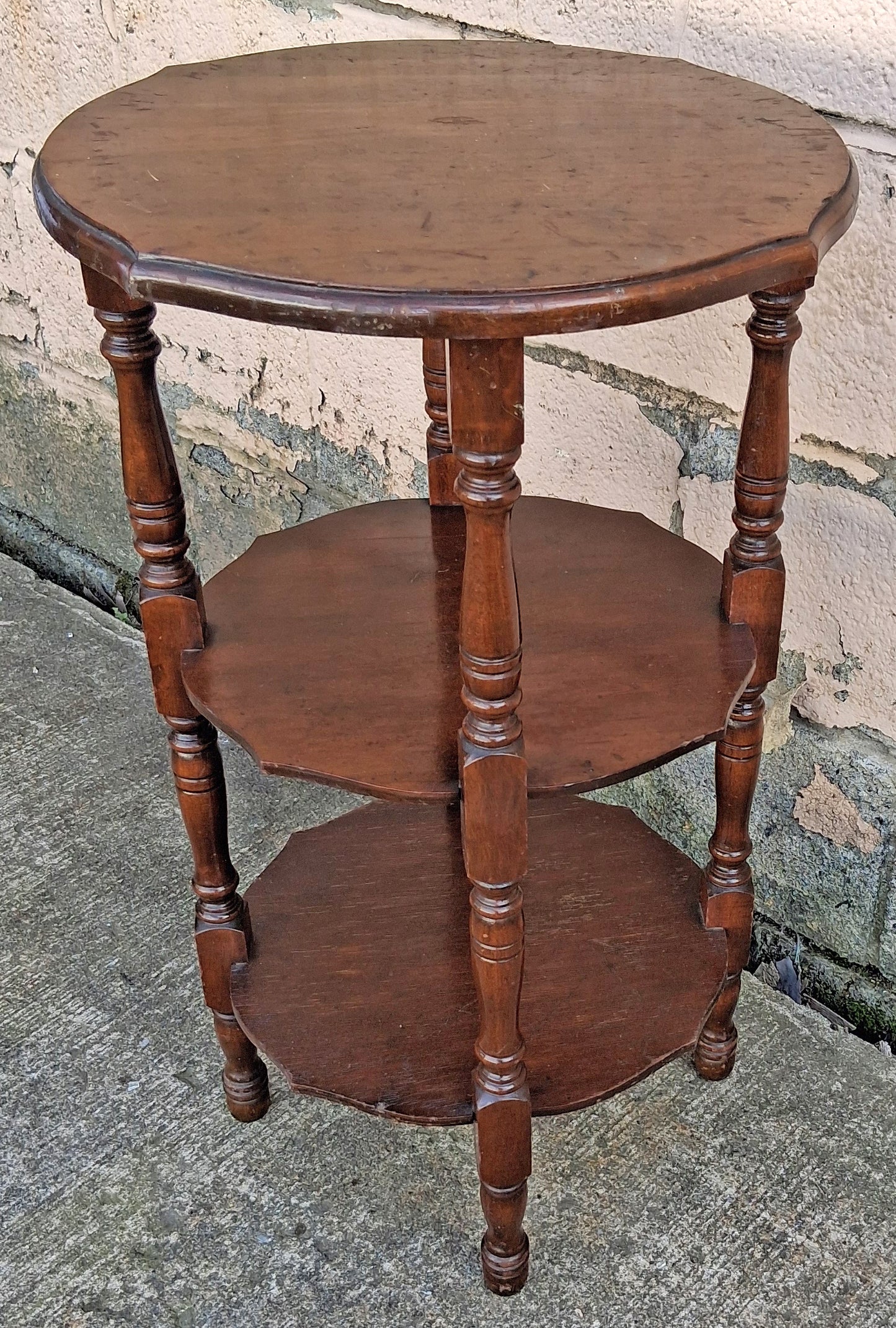 Antique Vintage Old Reclaimed Salvaged SOLID Wood Wooden 3 TIER Tiered Round Serpentine Circle Circular End Side Sofa Accent Table