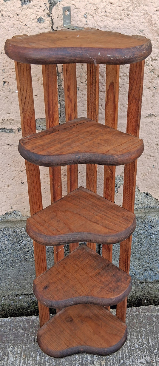 Vintage Antique Old Handmade SOLID Wood Wooden Arts & Crafts 5 Tier Tiered Heart Shaped Corner Accent Decor Knick Knacks Wall Shelf
