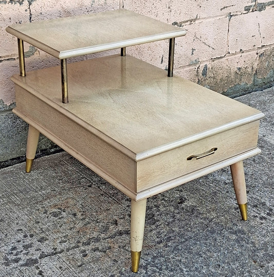 Vintage Antique Old Reclaimed Salvaged Art Deco Mid Century MCM Blonde Mahogany Wooden Brass Metal Tiered End Side Accent Table Nightstand