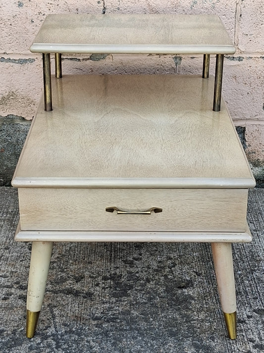 Vintage Antique Old Reclaimed Salvaged Art Deco Mid Century MCM Blonde Mahogany Wooden Brass Metal Tiered End Side Accent Table Nightstand