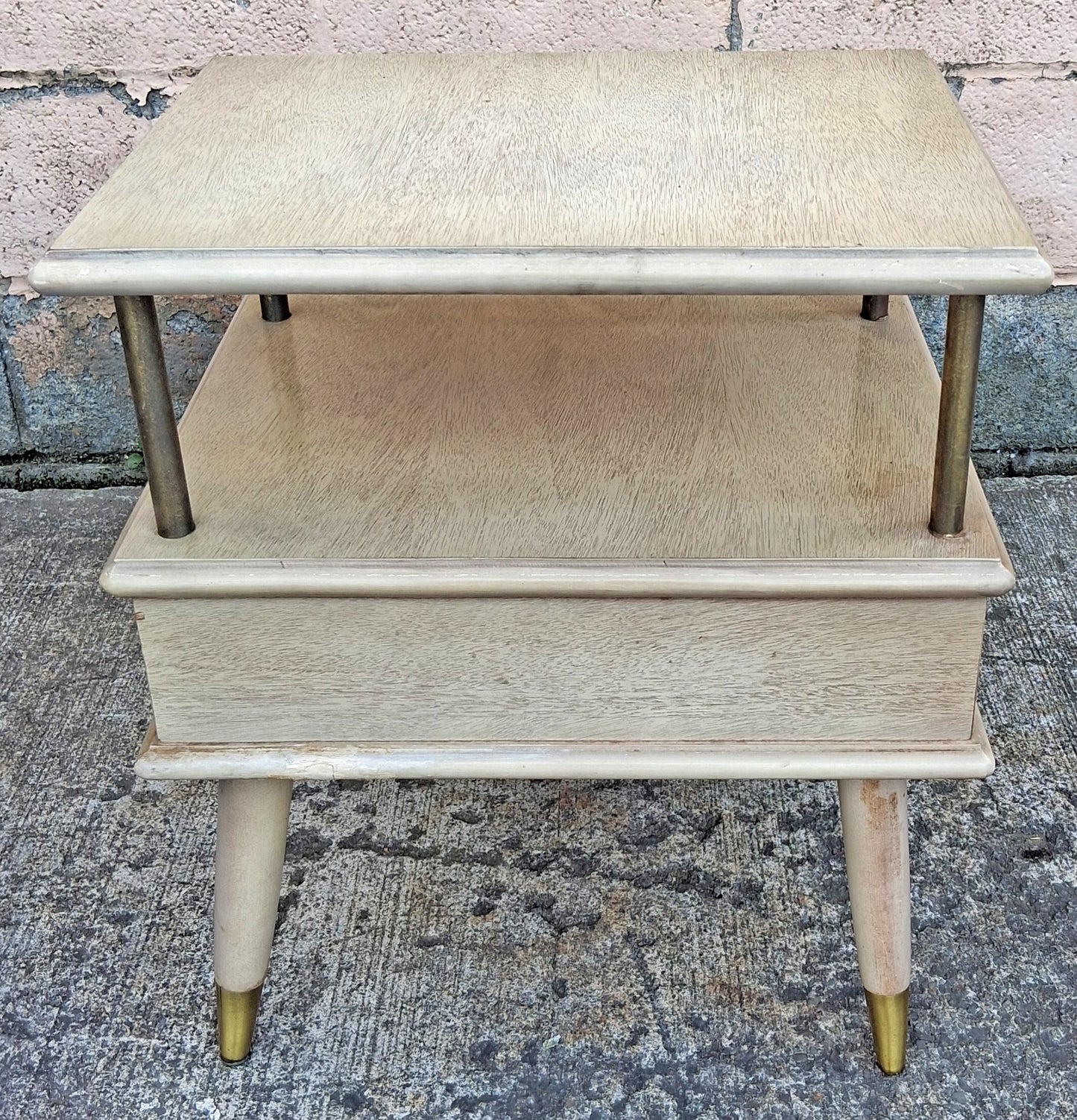 Vintage Antique Old Reclaimed Salvaged Art Deco Mid Century MCM Blonde Mahogany Wooden Brass Metal Tiered End Side Accent Table Nightstand