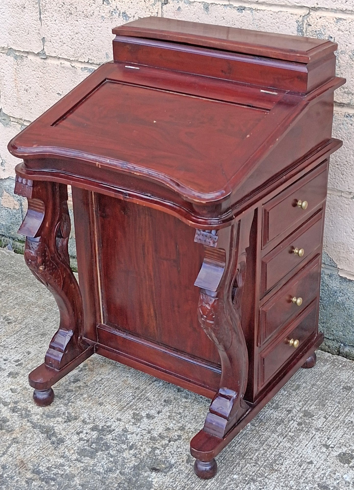 Antique Vintage Old Reclaimed Salvaged Solid Mahogany Wood Wooden Slant Front Secretary Davenport Desk Writing Table Drawers
