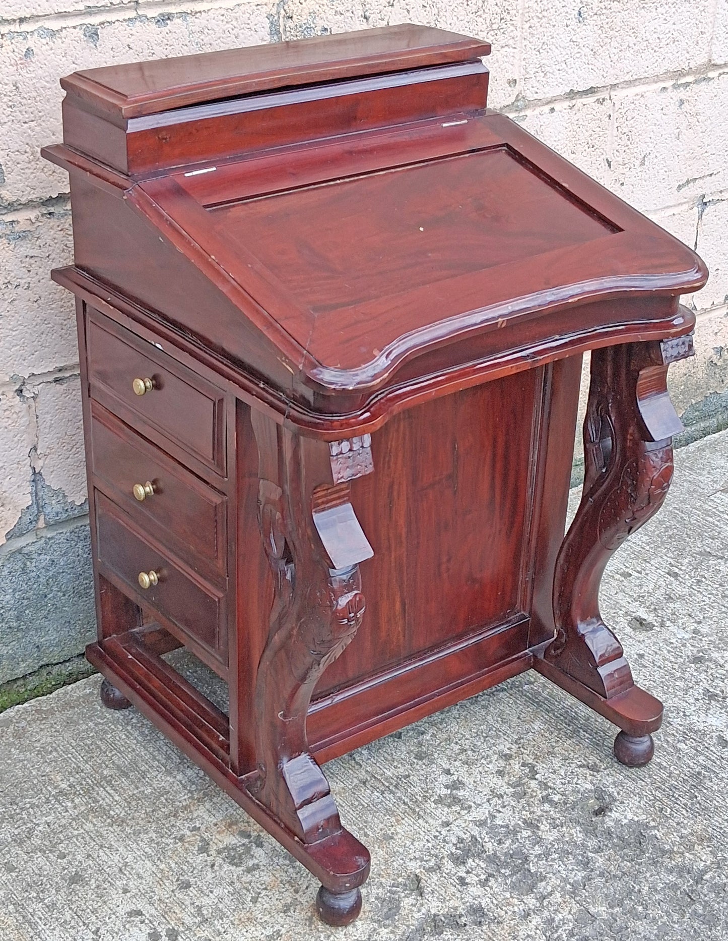 Antique Vintage Old Reclaimed Salvaged Solid Mahogany Wood Wooden Slant Front Secretary Davenport Desk Writing Table Drawers