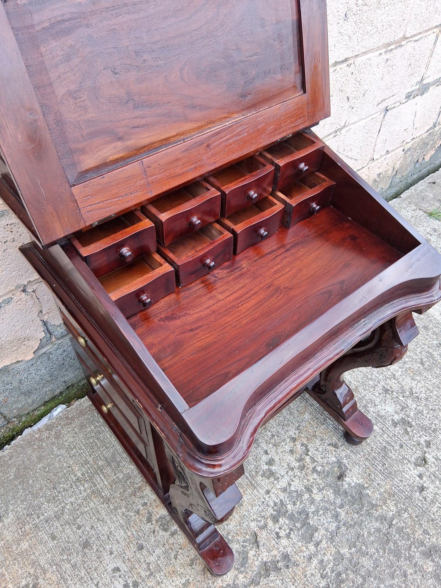 Antique Vintage Old Reclaimed Salvaged Solid Mahogany Wood Wooden Slant Front Secretary Davenport Desk Writing Table Drawers
