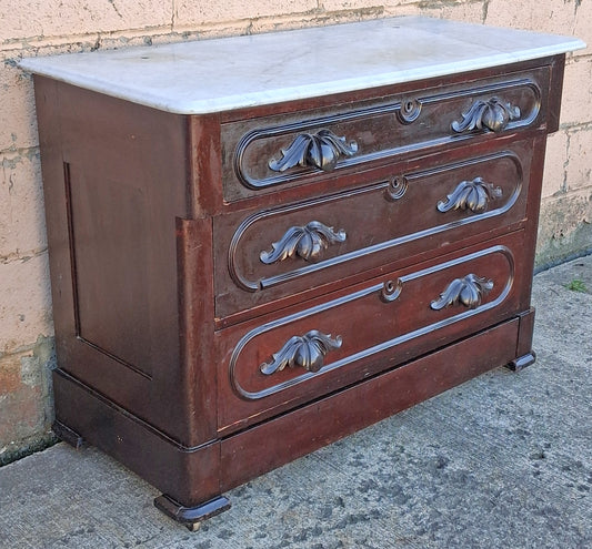 Antique Vintage Old Victorian Eastlake Style Reclaimed Salvaged Solid Wood Wooden Marble Top Slab Dresser Server Chest of Drawers