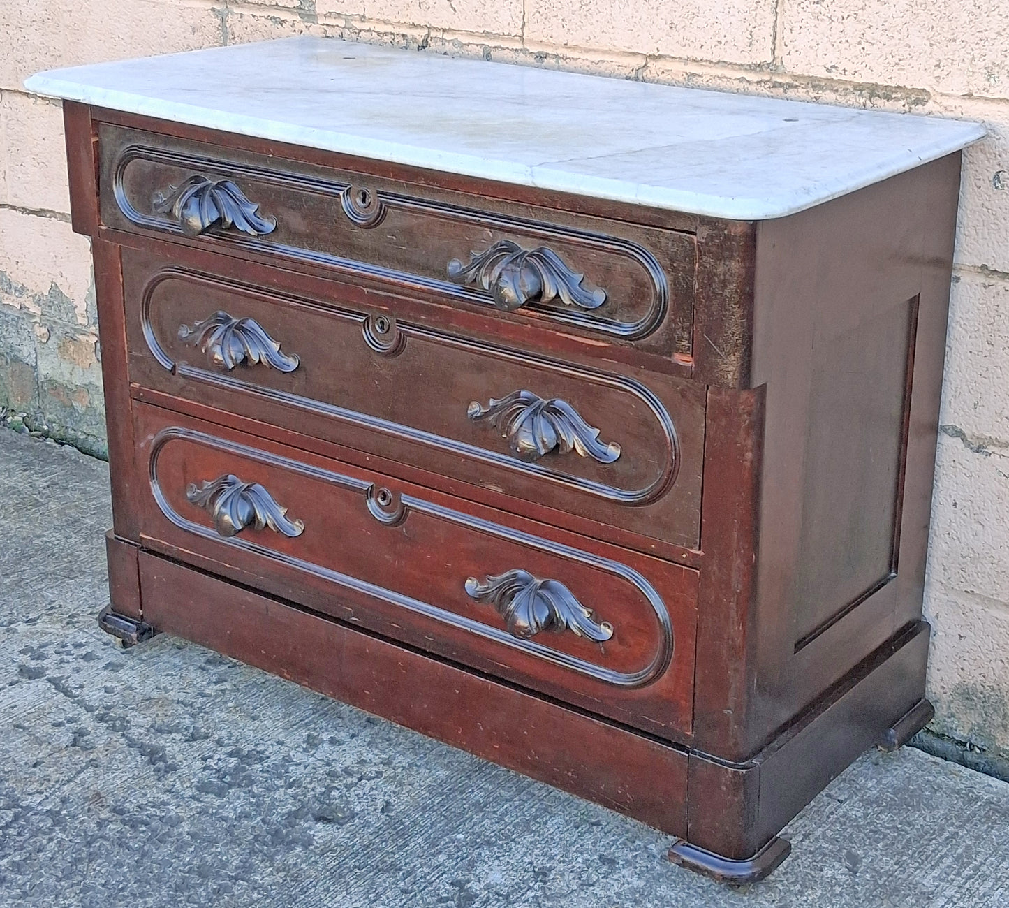 Antique Vintage Old Victorian Eastlake Style Reclaimed Salvaged Solid Wood Wooden Marble Top Slab Dresser Server Chest of Drawers